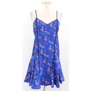 Thakoon Blue Floral Print Shift Dress Size 2 Flutter Hem V Neck Sleeveless